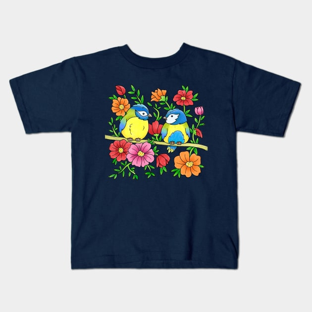 Cute Blue Tit Bird Couple Blue Tits Flowers Spring Summer Design Kids T-Shirt by samshirts